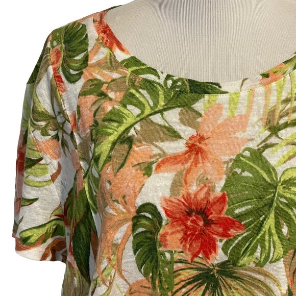 J. Jill Love Linen Womens Size MP Aloha Top Floral Tropical Tie Hem Medium Tee - Picture 3 of 8